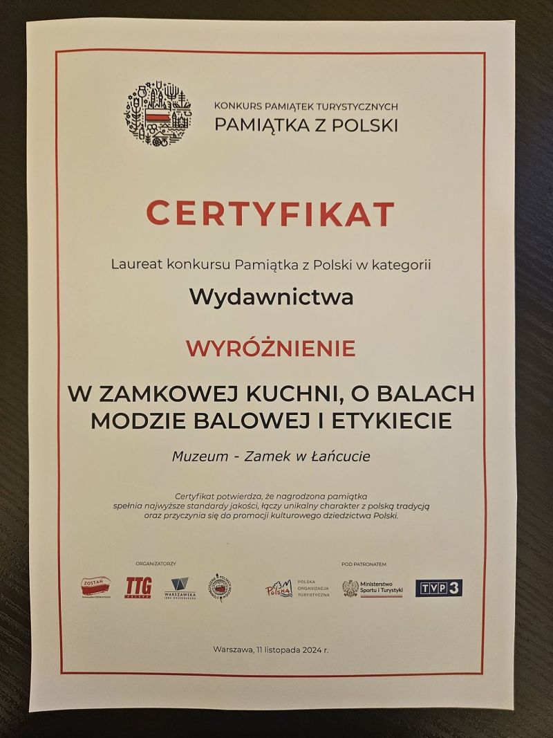 Certyfikat dla książek W zamkowej kuchni i O balach. Nagroda Pamiątka z Polski, wyróżnienie