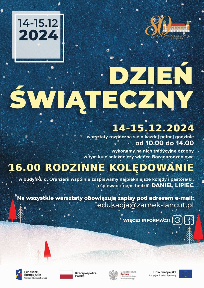 Plakat Dzień Świąteczny w MZŁ - 14-15.12.2024, Świąteczny klimat plakatu, rozgwieżdżone niebo. Program - jak w treści wpisu