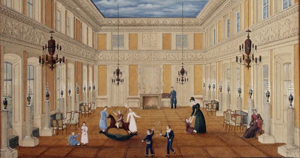 Fragment widoku Sali Balowej ( zb.MZŁ), z ok 1825 roku autorstwa Wilibalda Richtera ukazujący zabawę dzieci Alfreda Potockiego z Łańcuta, Henryka Lubomirskiego z Przeworska i Adama syna Artura Potockiego z Krzeszowic, który dosiada konia na biegunach.