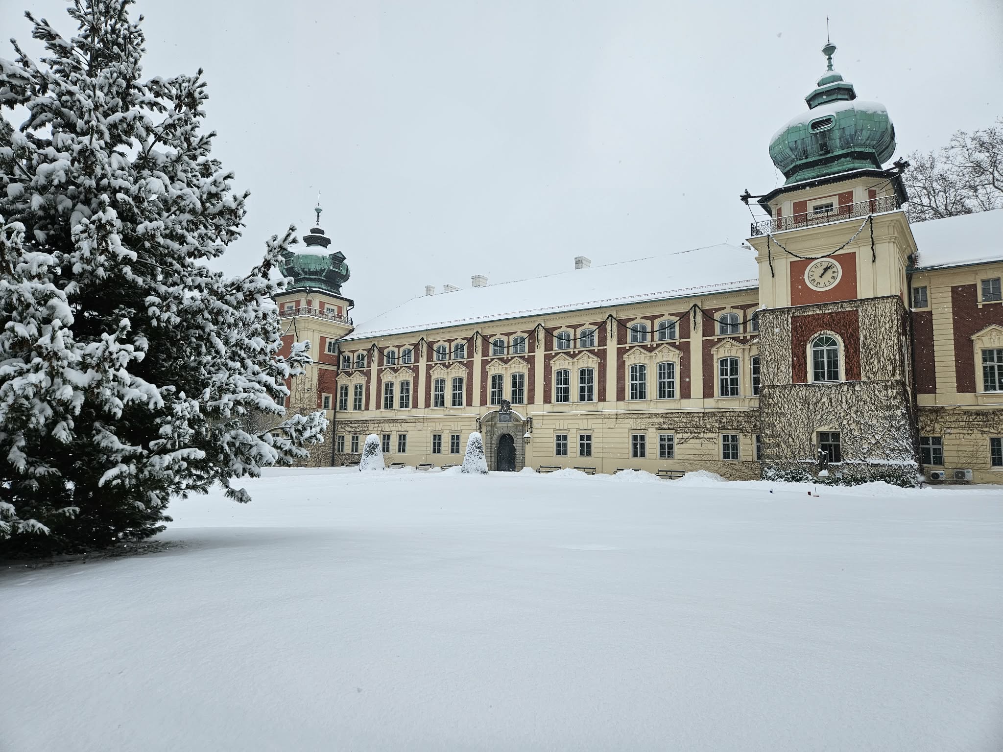 Zamek od strony zachodniej (główne wejście) otulony śniegiem. Pochmurno.