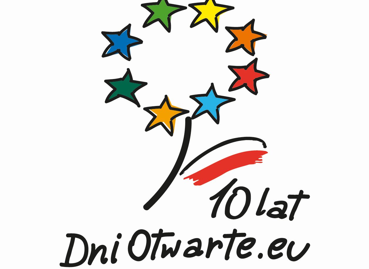 Logo Dni Otwarte Funduszy Europejskich. Napis: 10 lat DniOtwarte.eu. Logo - kwiat. Płatki z kolorowych gwiazdek liść wyrastający z łodygi w kolorze biało-czerwonym.