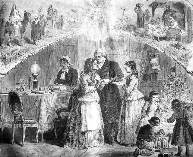 Na grafice rodzinna scena świąteczna - dzieci ubierają choinkę, para dorosłych łamie się opłatkiem, służąca nakrywa do wieczerzy.