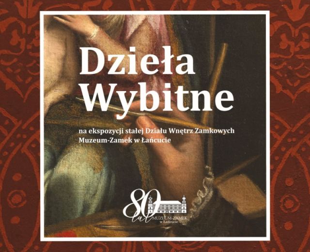 Fragment plakatu katalogu Dzieła Wybitne. Na okładce zbliżenie na detal obrazu "Autoportret przy sztaludze" Sofonisby