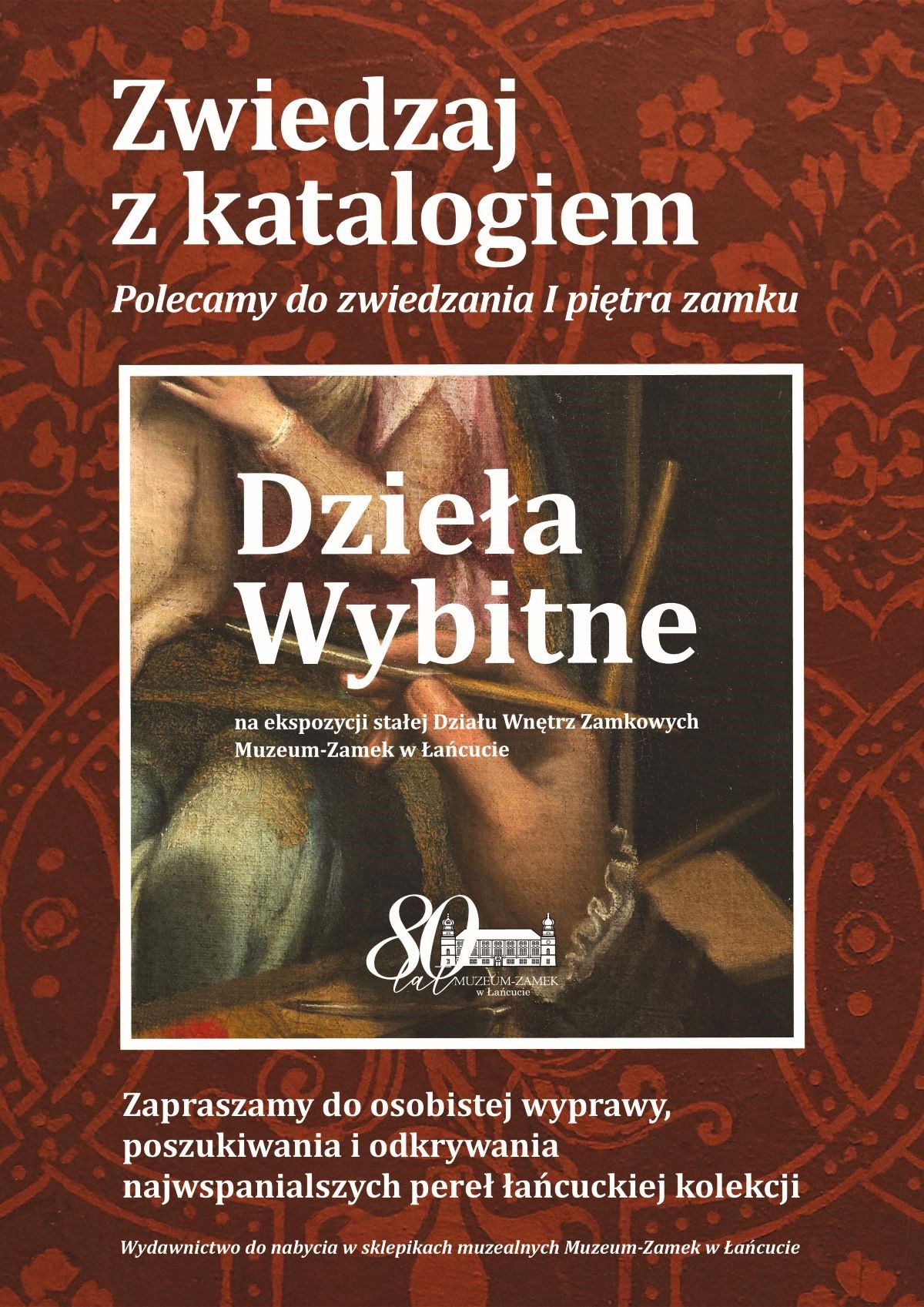 Plakat katalogu Dzieła Wybitne. Na okładce zbliżenie na detal obrazu "Autoportret przy sztaludze" Sofonisby