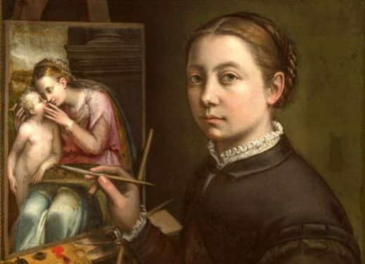 Fragment obrazu Sofonisby "Autoportret przy sztaludze" - młoda kobieta w czarnym stroju z białym kołnierzem stoi naprzeciwko sztalugi z obrazem kobiety trzymającej dziecko. W ręce pędzel